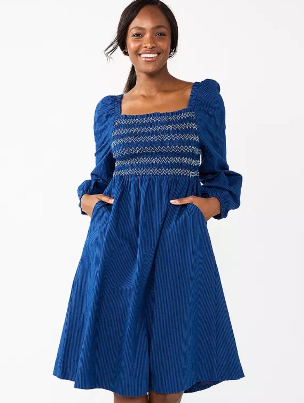Draper James RSVP Dress Size L Blue Navy Long Puff Sleeves Smocked Bodice Boho